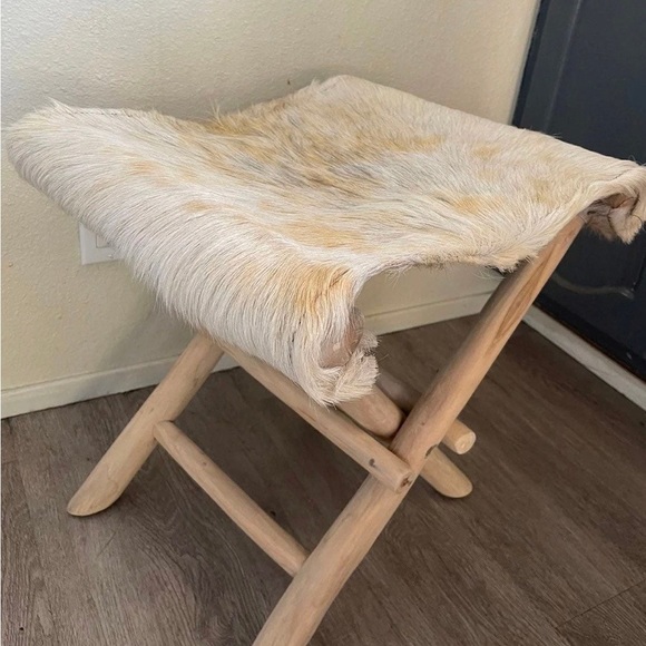 NEW designer Real fur cowhide beige wooden folding stool chair 17x18x16” - Picture 1 of 4
